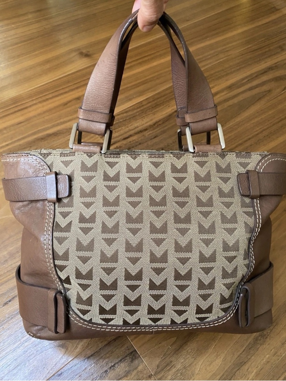 Michael Kors MK Monogram Satchel Bag Brown Tan Y2K Logo Canvas Leather Tote